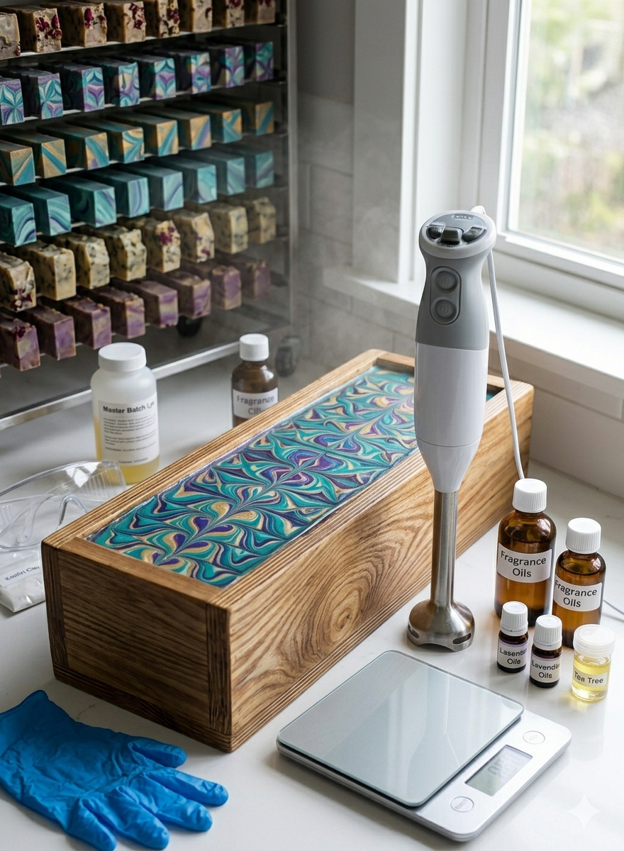 Cut soap in background newly poured into a mould with essential oil bottles on the side for soap making.