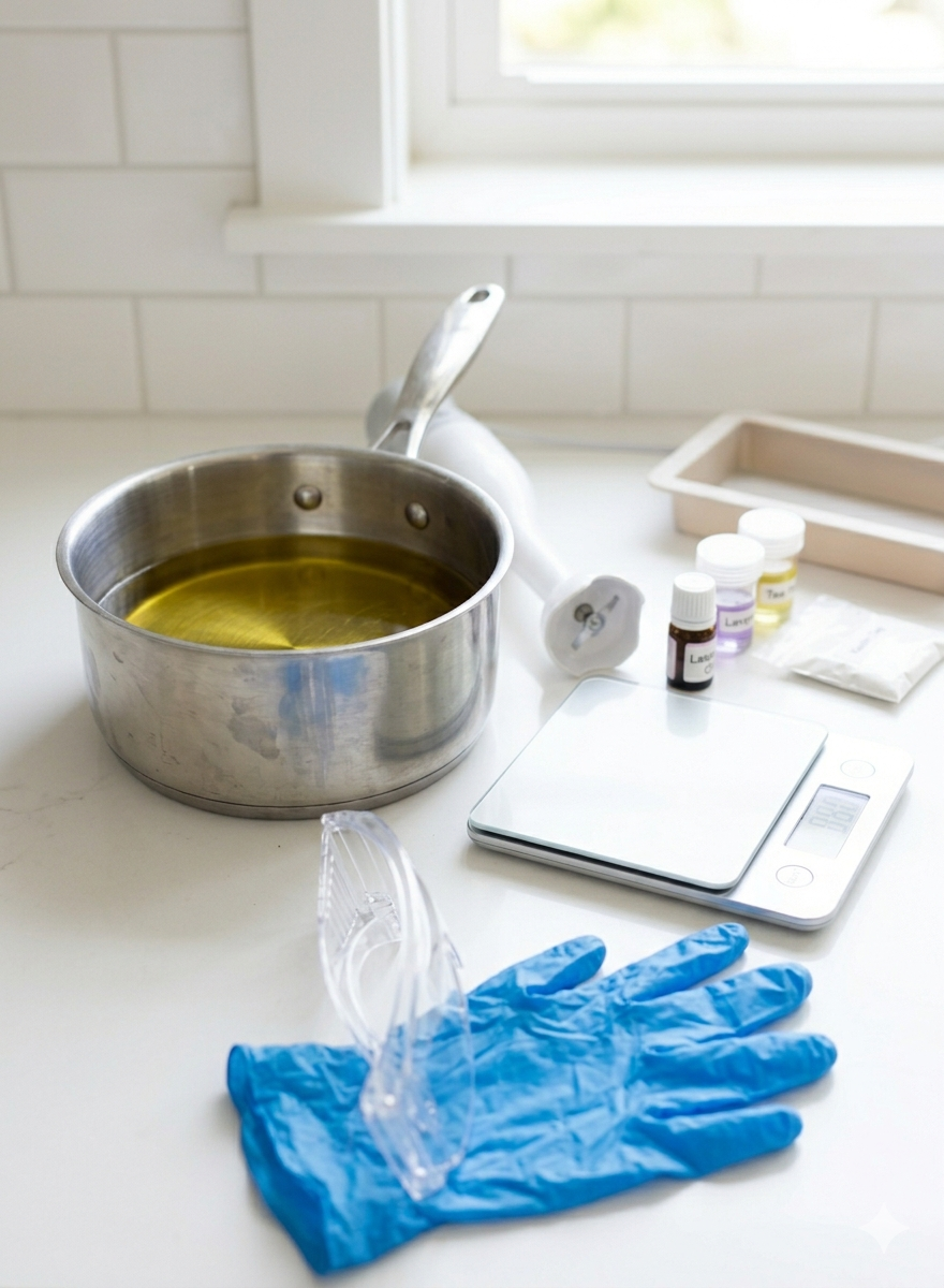 Soap making tools and blue gloves.