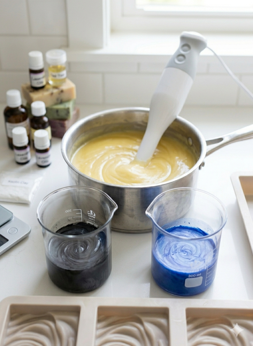 Liquid soap in pot with stick blender and glass beakers with black and blue colouring.